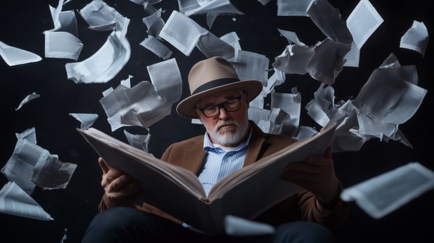 An elderly man in a hat immersed in a book as pages swirl around him in a dark, dramatic setting photo