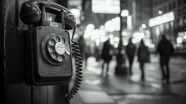 A vintage payphone stands in a bustling city street during a rainy evening photo