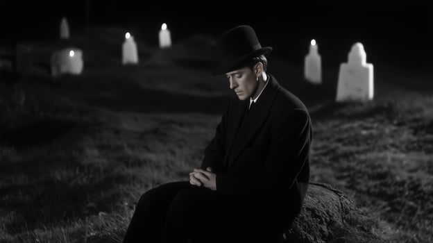 A solitary figure in a graveyard at night reflecting on loss under dim moonlight photo
