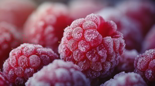 Freshly frozen raspberries piled together, showcasing their vibrant red color and texture photo