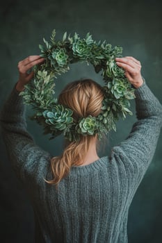 Young woman wearing a cozy sweater holds a lush green wreath adorned with succulents indoors photo