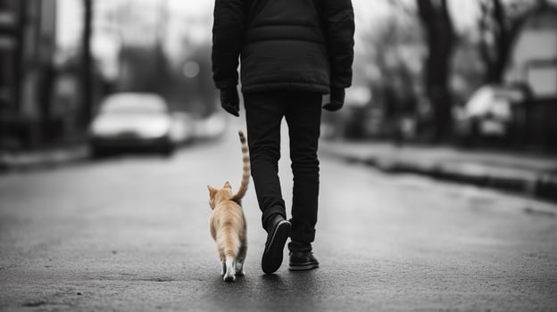 A person walking a cat along a tranquil street on a chilly day during early morning hours photo