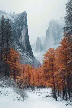 Autumn foliage mixed with winter snow in a tranquil mountain landscape during overcast weather photo