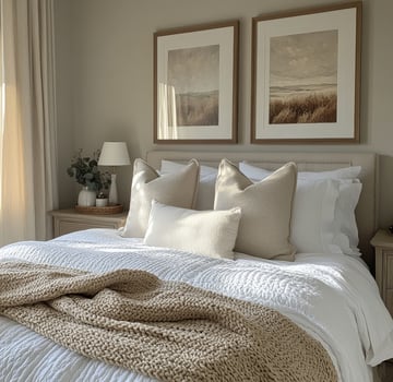Cozy bedroom featuring soft bedding and peaceful artwork in a serene, neutral toned setting photo