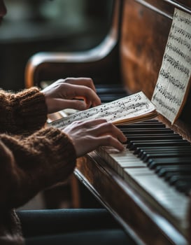 Person playing piano indoors while reading sheet music during cozy evening time photo