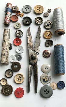 Crafting supplies and tools neatly arranged on a white background with various threads and buttons photo
