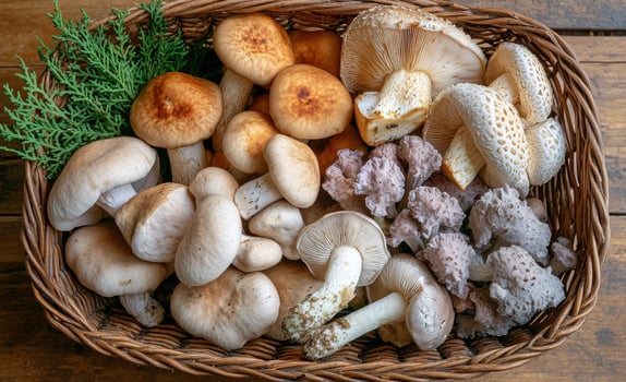 Colorful assortment of fresh mushrooms arranged beautifully in a woven basket outdoors photo