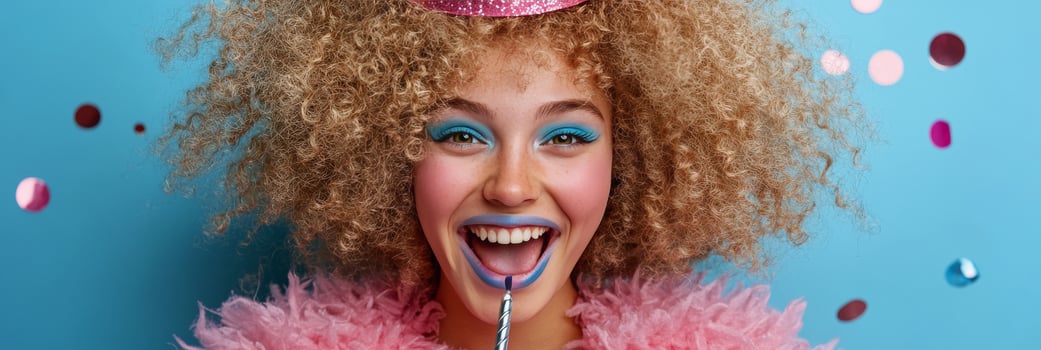 Stylish female model with curly hair and party attire posing against a vibrant blue background photo