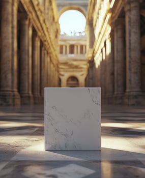 Marble block placed on the polished floor in a grand hallway of a historic architectural site photo