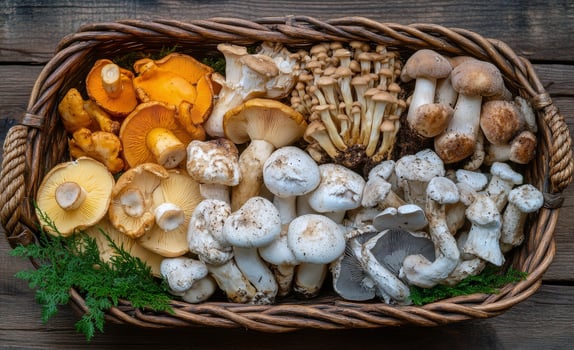 Colorful assortment of fresh mushrooms arranged beautifully in a woven basket outdoors photo