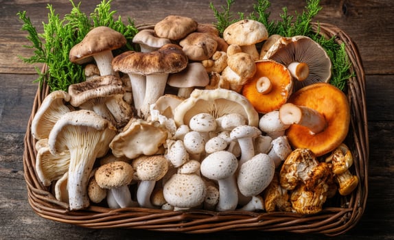 Colorful assortment of fresh mushrooms arranged beautifully in a woven basket outdoors photo