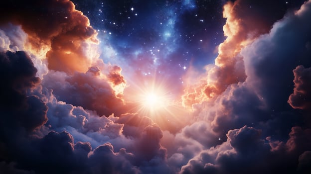 Vibrant cosmic clouds illuminated by a radiant starburst in a star-filled sky during twilight photo