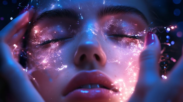 A close-up view of a woman with sparkling light effects around her face, capturing a moment of tranquility and beauty photo