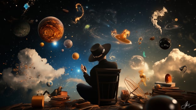 A person seated on a stack of books gazes at a vibrant cosmic landscape filled with planets, galaxies, and swirling clouds of stardust during twilight photo
