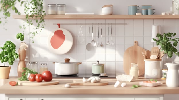 A cozy kitchen setting featuring fresh ingredients and utensils on a wooden countertop in a modern home photo