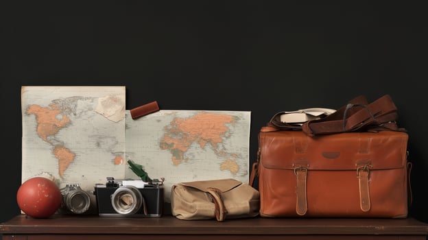 Travel essentials displayed with vintage cameras, a leather bag, and maps on a dark background photo