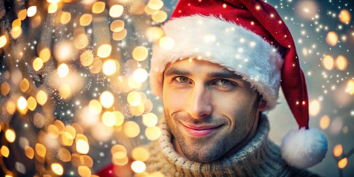 Handsome Man wearing a red Santa hat and smiling photo
