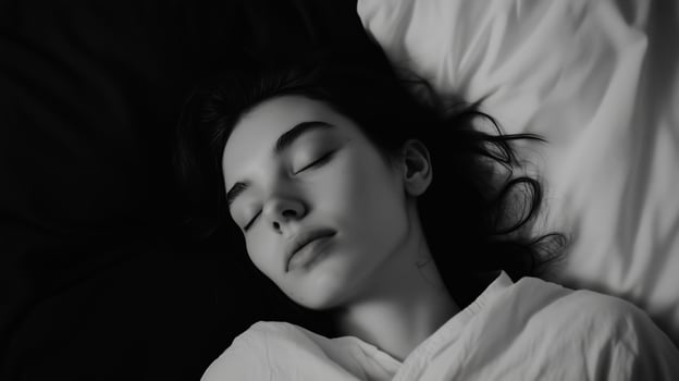 A young woman resting peacefully on a bed with soft pillows, captured in serene black and white tones during the night photo