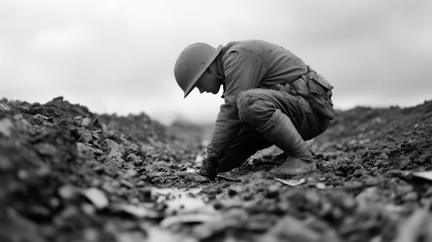 Soldier digging in muddy terrain during a gray, overcast day in a historic battlefield location amid wartime conditions photo