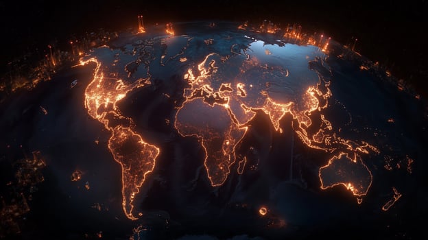 A glowing view of the Earth at night showcasing city lights and natural landscapes illuminated in brilliant orange and blue hues photo