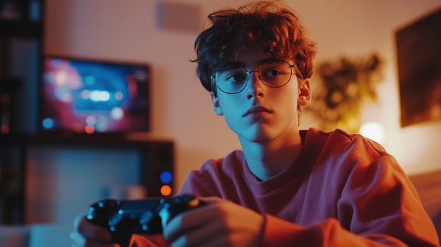 A young gamer immersed in a game during an evening at home with colorful lighting and a TV in the background photo