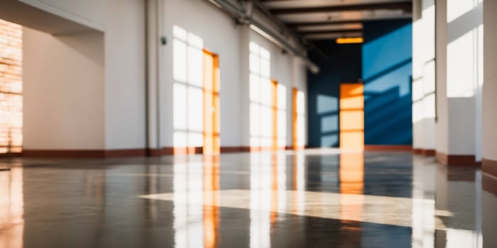 An empty hallway with blue walls and white floors photo
