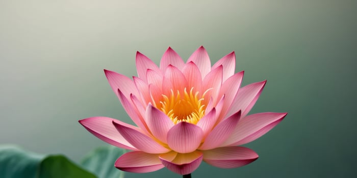 A pink lotus flower is shown in front of a green background photo