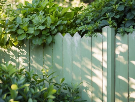 A green fence with plants growing around it photo