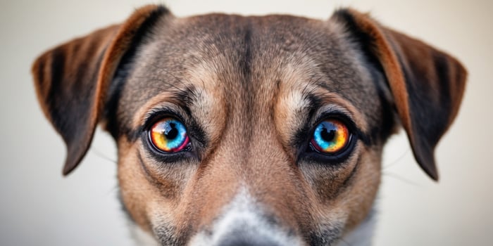 A dog with colorful eyes looking at the camera photo