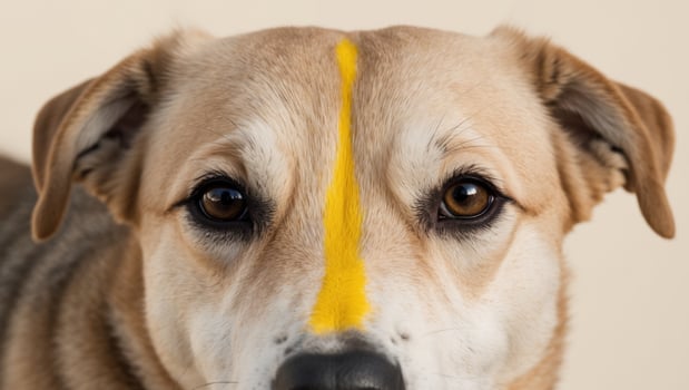A dog with a yellow line on its forehead photo