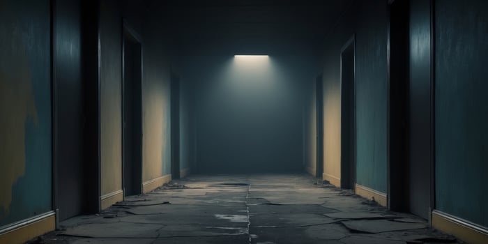 A dark hallway with a light shining through it photo