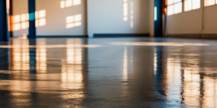 An empty warehouse with a shiny floor photo
