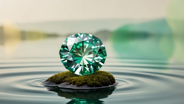A green diamond sitting on top of a rock in the water photo