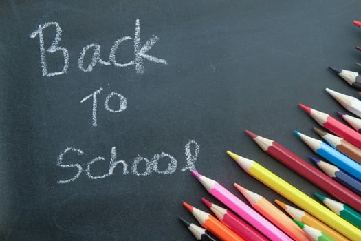 Exciting Back to School Supplies displayed on a vibrant Chalkboard with Colorful Crayons photo