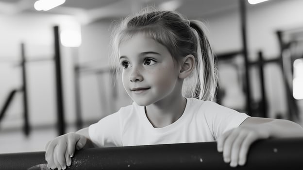A young girl in a white shirt confidently practices her gymnastics skills in a training facility during daylight hours photo
