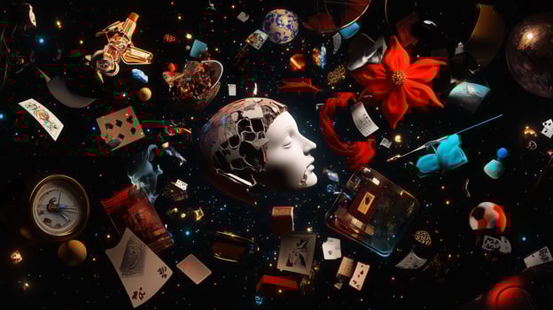 An abstract exploration of consciousness with various objects and a fragmented head in a surreal cosmic environment photo