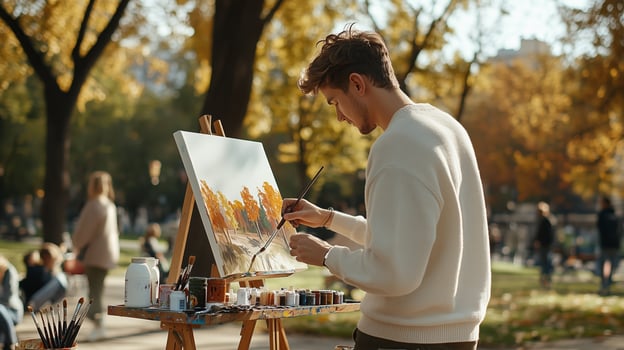 A young artist painting a vibrant autumn landscape in a public park during a sunny afternoon photo