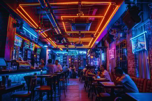 A neon lit bar with people sitting at tables and a neon sign on the wall photo