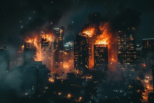 A city burning in the night with smoke coming out of the buildings photo