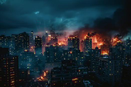 A city burning in the night with smoke coming out of the buildings photo
