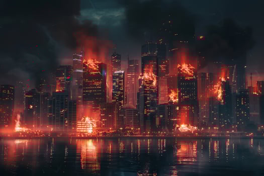 A city with fire and smoke coming out of it photo
