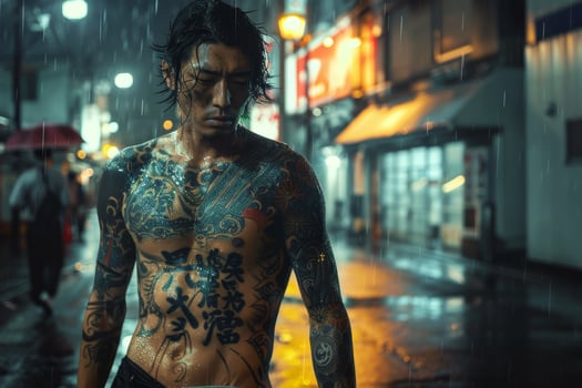 A man with tattoos standing in the rain photo