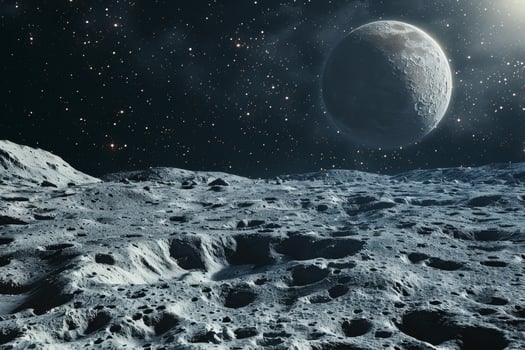 A desolate, barren landscape with a large, rocky planet in the background photo