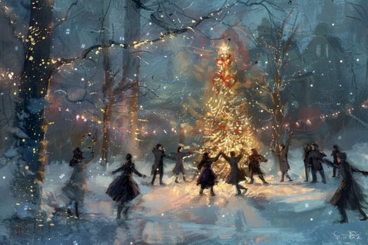 A painting of people dancing around a christmas tree photo