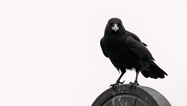 Creepy crow sitting atop a grave marker against a plain white backdrop photo