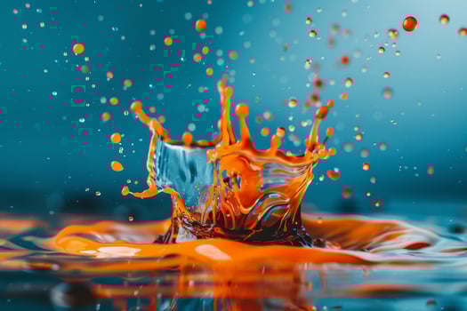 Orange liquid splash on blue background photo