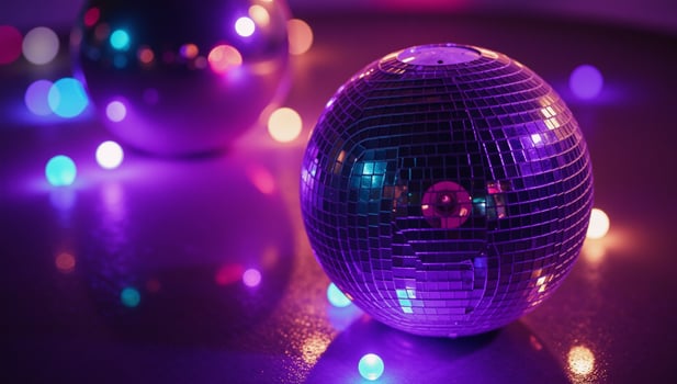 A glittering purple disco ball surrounded by colorful disco lights photo