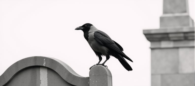 Creepy crow sitting atop a grave marker against a plain white backdrop photo