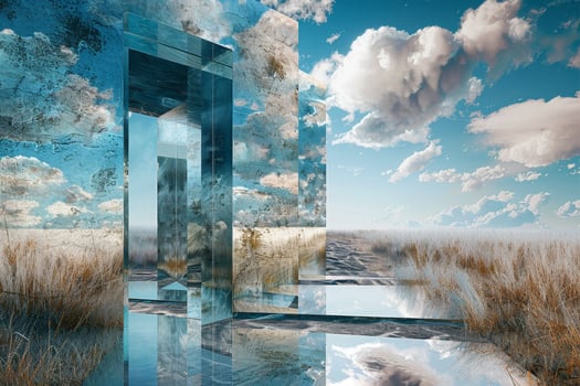 A door in the middle of a field with grass and clouds photo