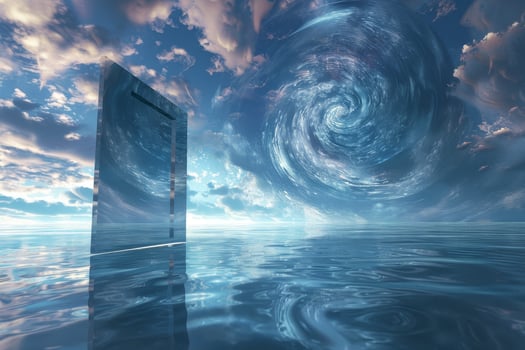 A door opens into a watery ocean with a spiral in the sky photo